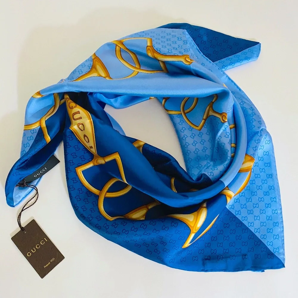 New Gucci Double Blue Silk Scarf